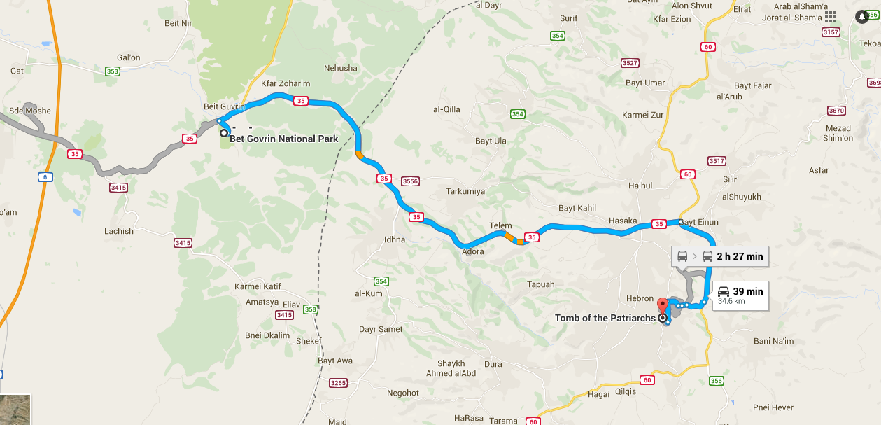 Distance between cave of Patriarchs and Cave of Beit Govrin